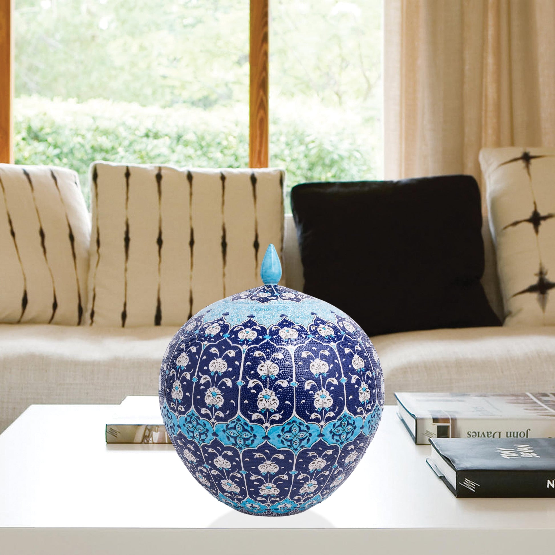 Hand-painted Ottoman Blue globe jar with white floral motifs on navy and turquoise. Round lidded ceramic jar, artisan-made, perfect décor or gift.
