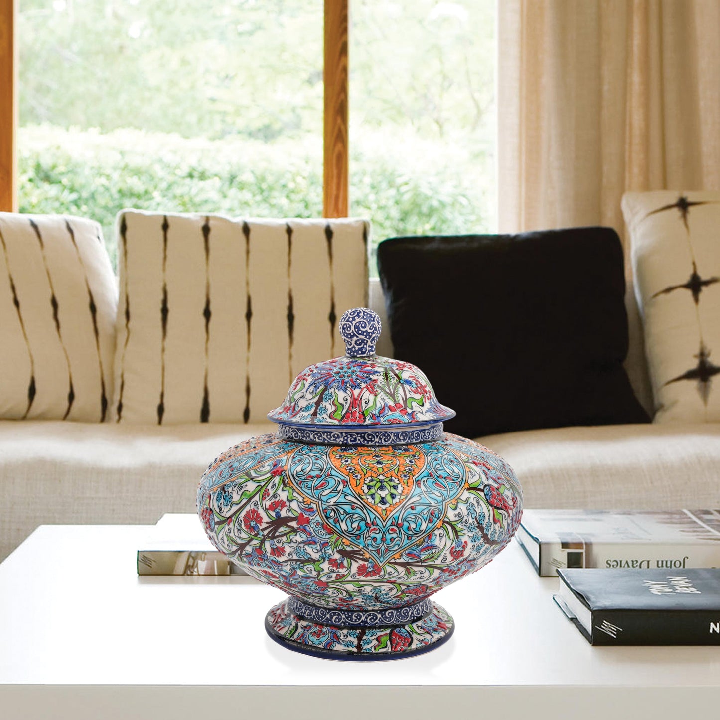 Hand-painted Royal Ornament ceramic jar with Ottoman floral and geometric motifs in turquoise, orange & navy. Wide artisan jar, perfect décor or luxury gift.