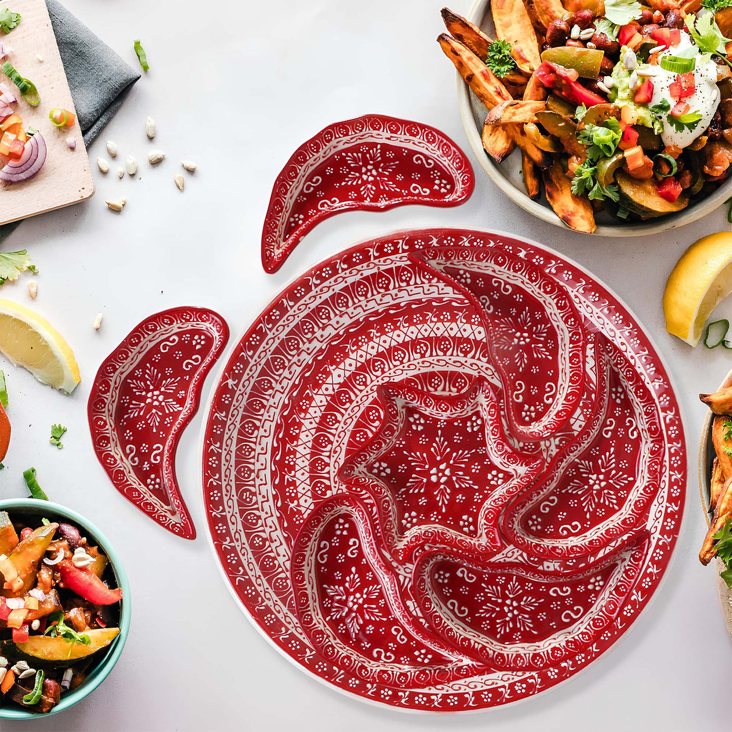 Hand-painted red Turkish ceramic serving tray set, 8-piece platter for snacks, appetizers, dips, and desserts, festive dining table centerpiece