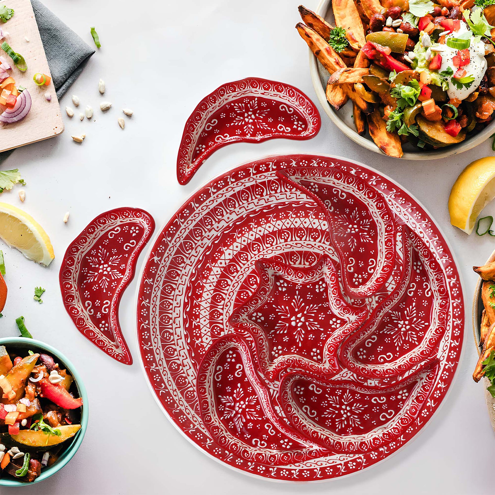 Hand-painted red Turkish ceramic serving tray set, 8-piece platter for snacks, appetizers, dips, and desserts, festive dining table centerpiece