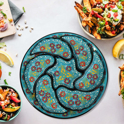 Turquoise Turkish floral ceramic snack serving tray set, 8-piece handmade platter with red and yellow floral motifs, artisan appetizer dish set