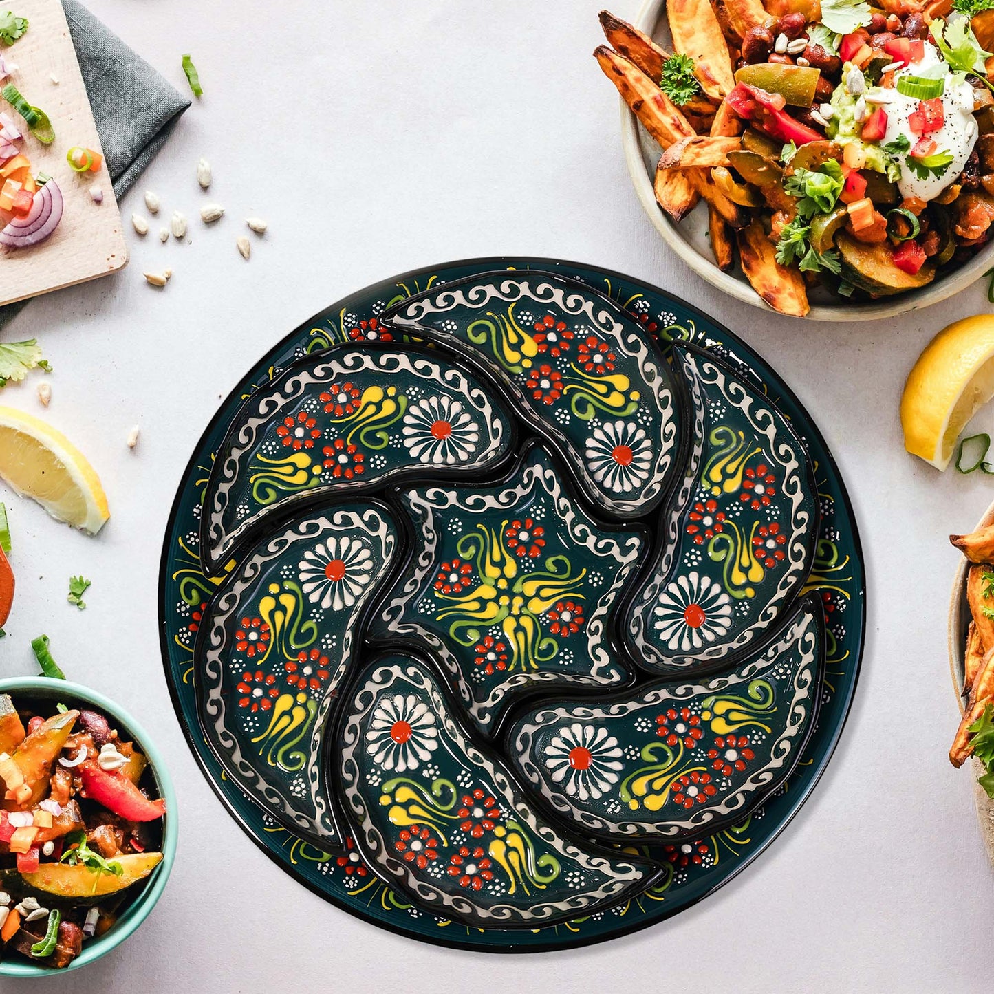 Green Turkish Floral – 8 Piece Ceramic Snack Serving Tray Set, Handmade Appetizer Platters