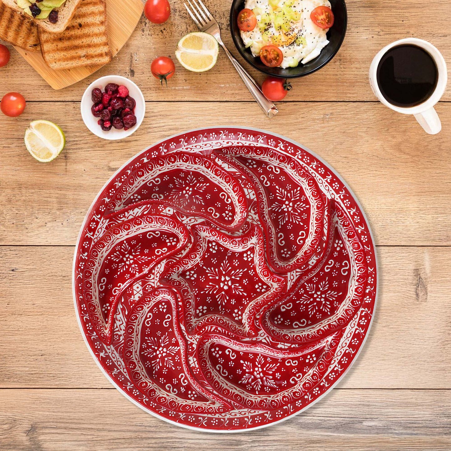 Hand-painted red Turkish ceramic serving tray set, 8-piece platter for snacks, appetizers, dips, and desserts, festive dining table centerpiece