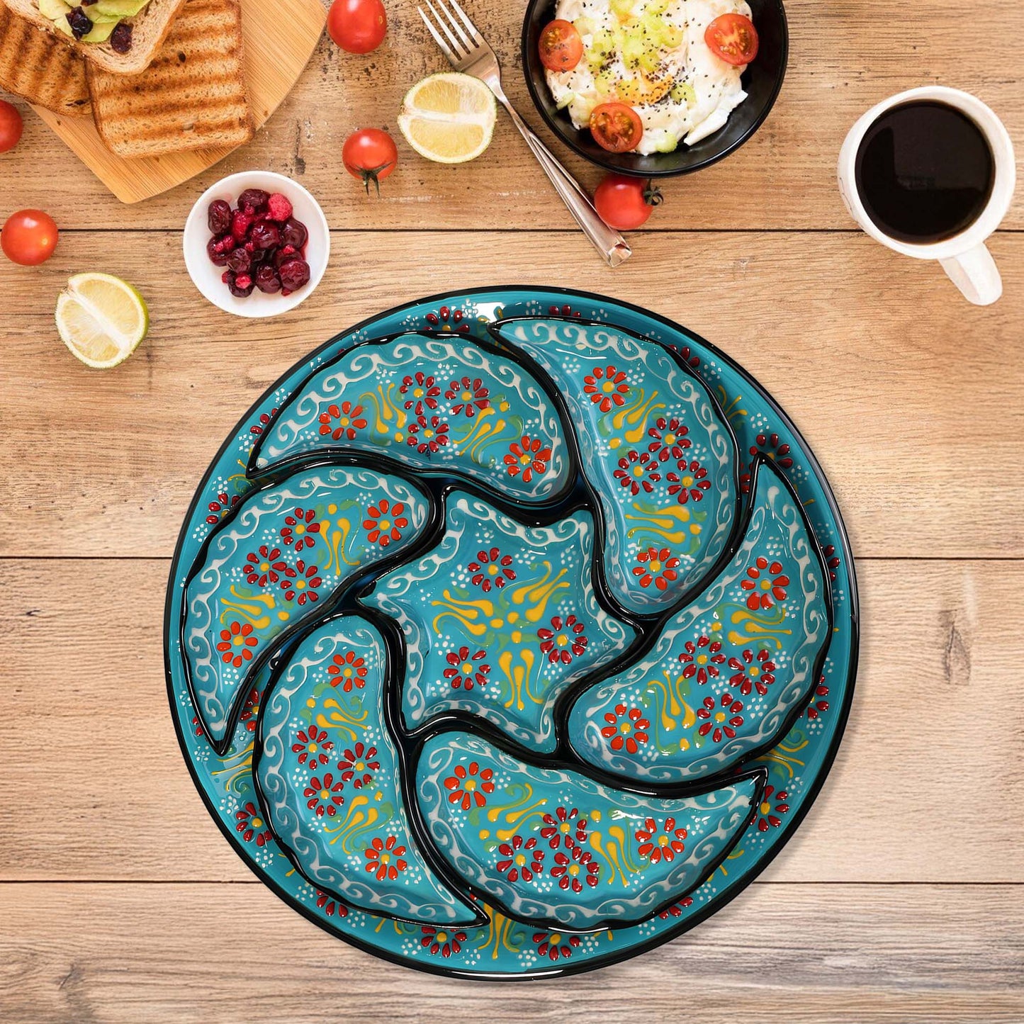 Turquoise Turkish floral ceramic snack serving tray set, 8-piece handmade platter with red and yellow floral motifs, artisan appetizer dish set