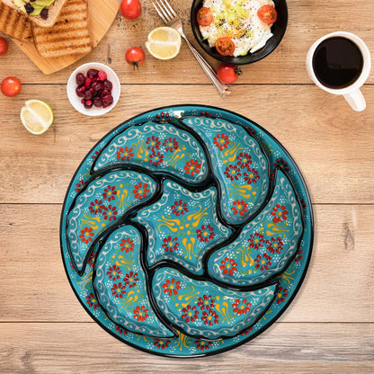 Turquoise Turkish floral ceramic snack serving tray set, 8-piece handmade platter with red and yellow floral motifs, artisan appetizer dish set