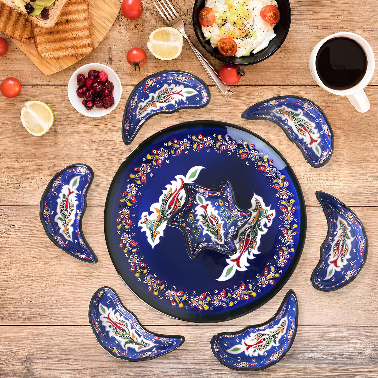 Blue Turkish floral ceramic snack serving tray set, 8-piece handmade platter with multicolor motifs, artisan appetizer and nut dish set