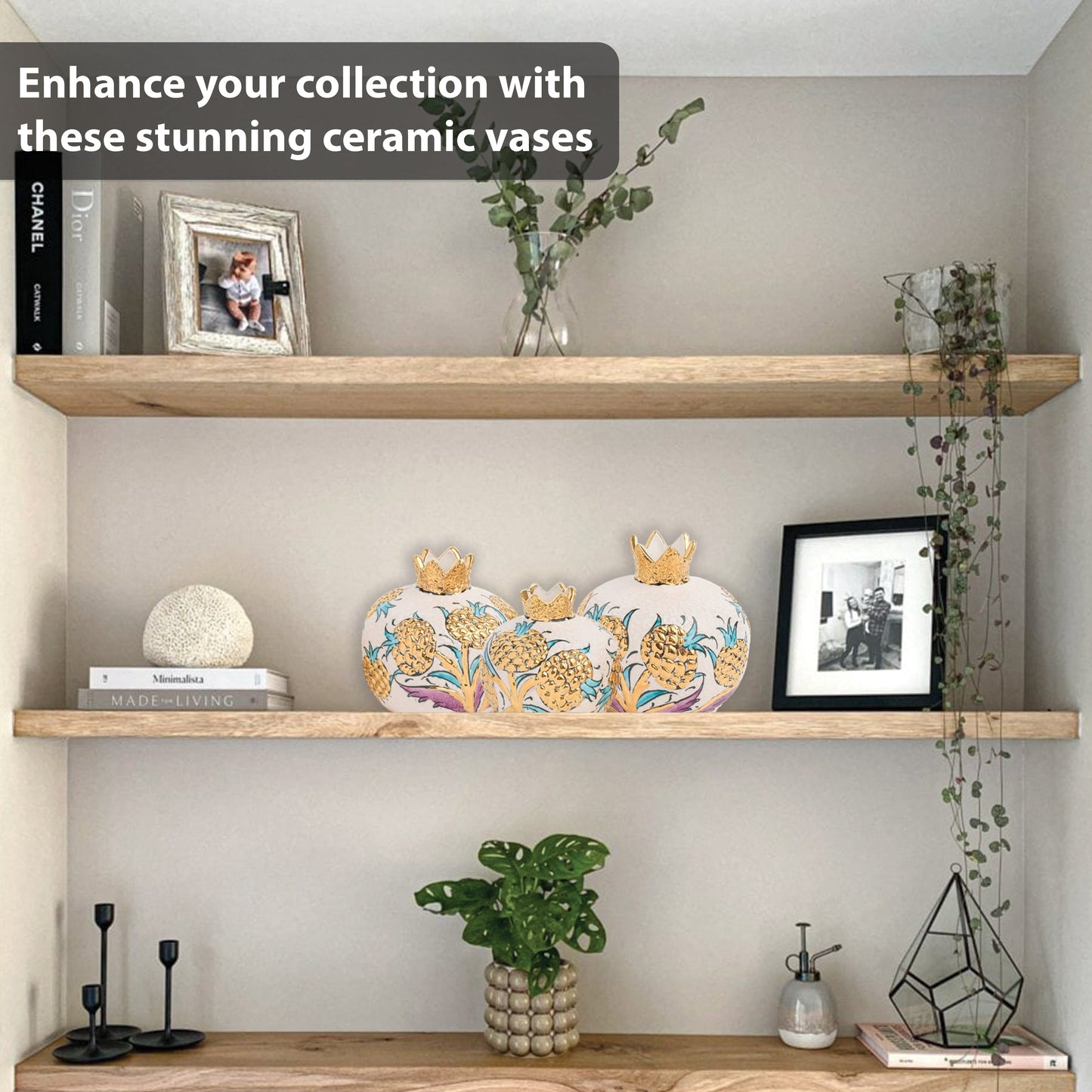 Handmade Ceramic Pomegranate Vase, Golden Vase Home Decor