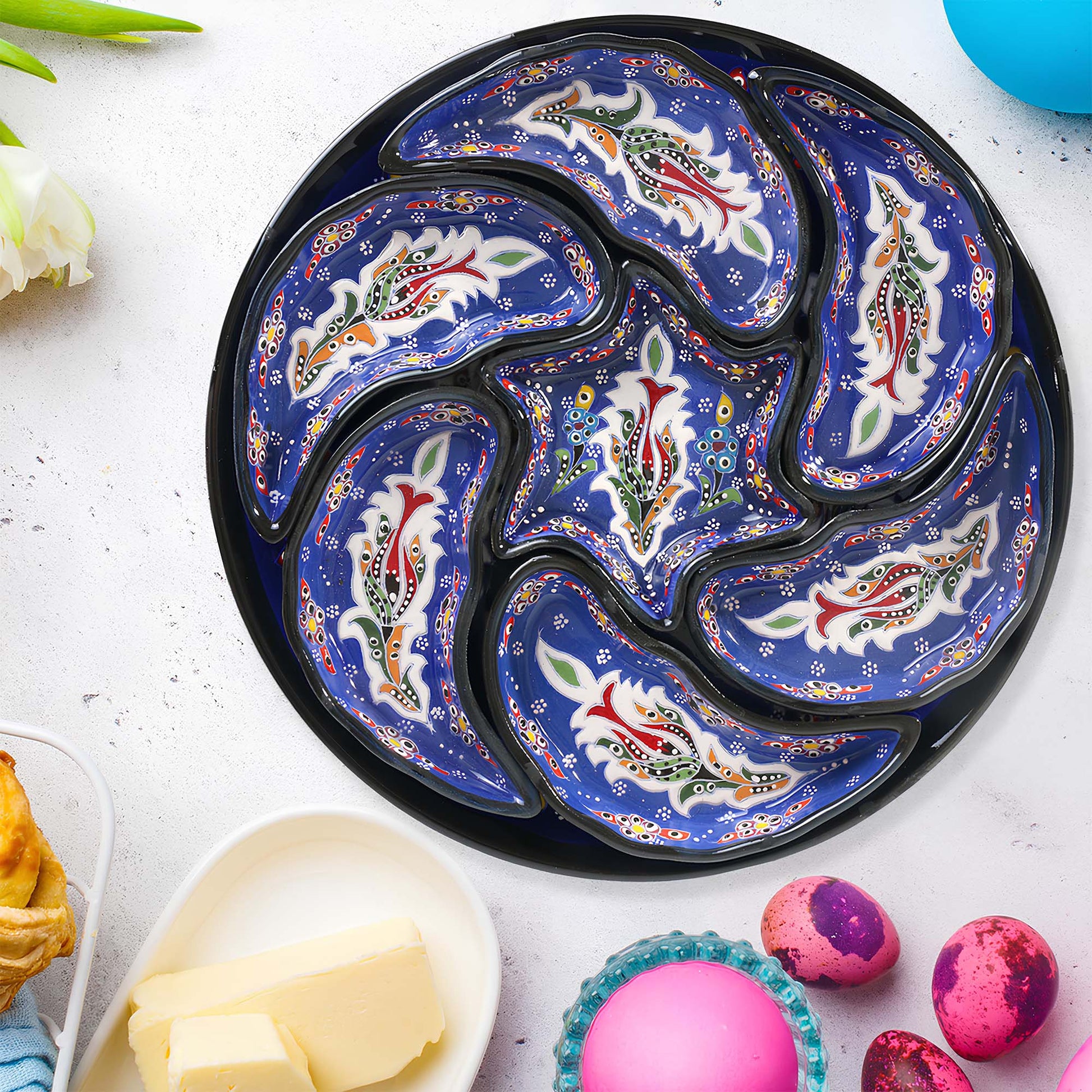 Blue Turkish floral ceramic snack serving tray set, 8-piece handmade platter with multicolor motifs, artisan appetizer and nut dish set