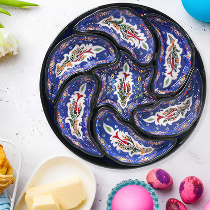 Blue Turkish floral ceramic snack serving tray set, 8-piece handmade platter with multicolor motifs, artisan appetizer and nut dish set
