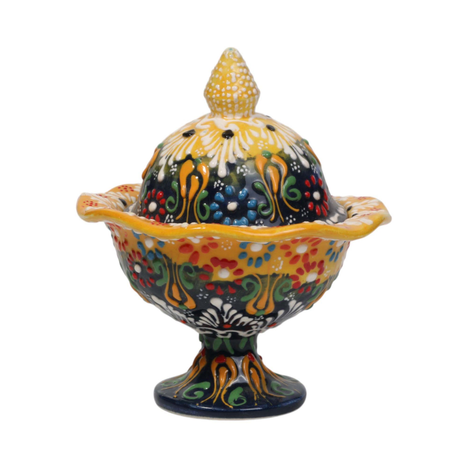 Decorative ceramic sugar bowl with a colorful floral pattern on a white background