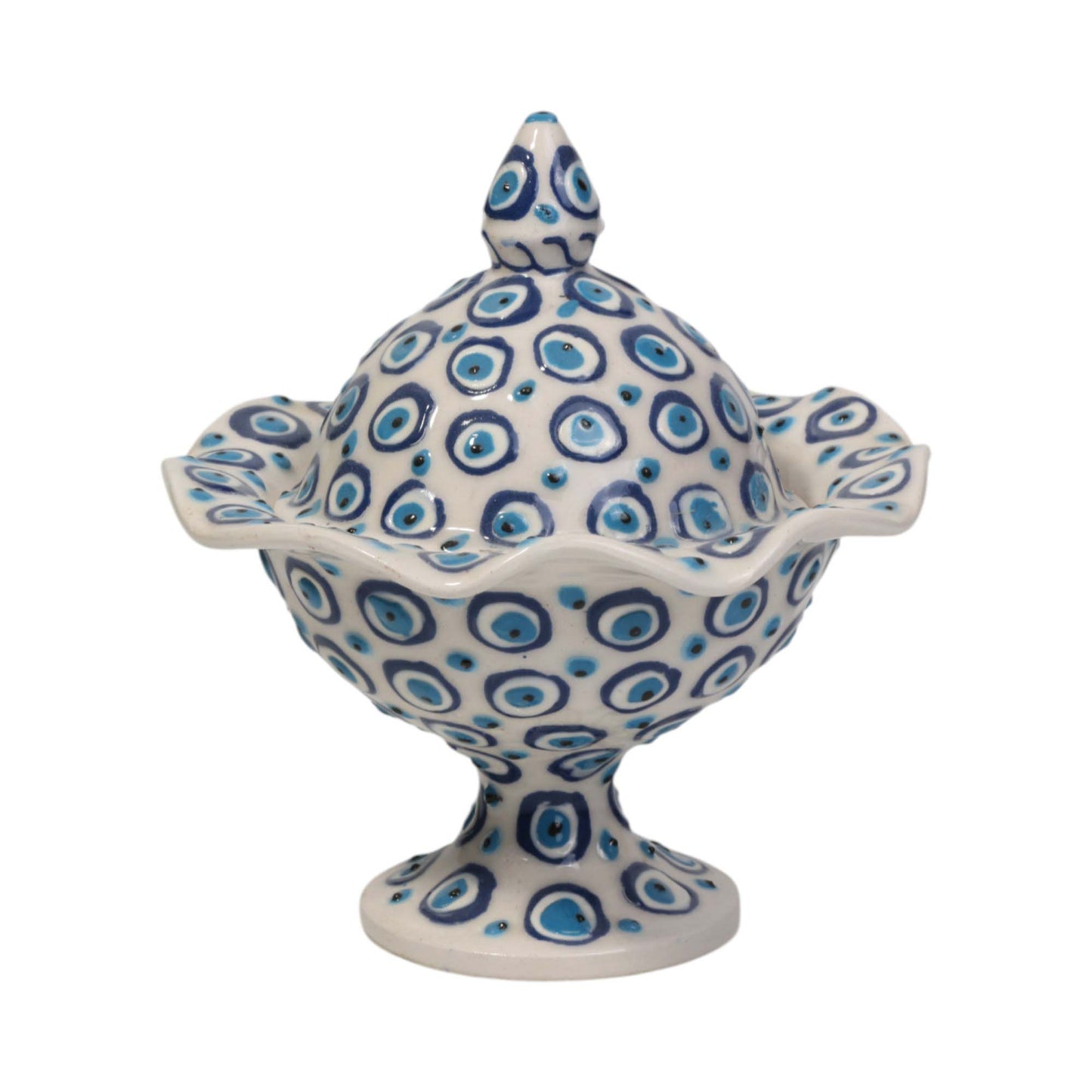 Ceramic sugar bowl with blue and white pattern on a white background