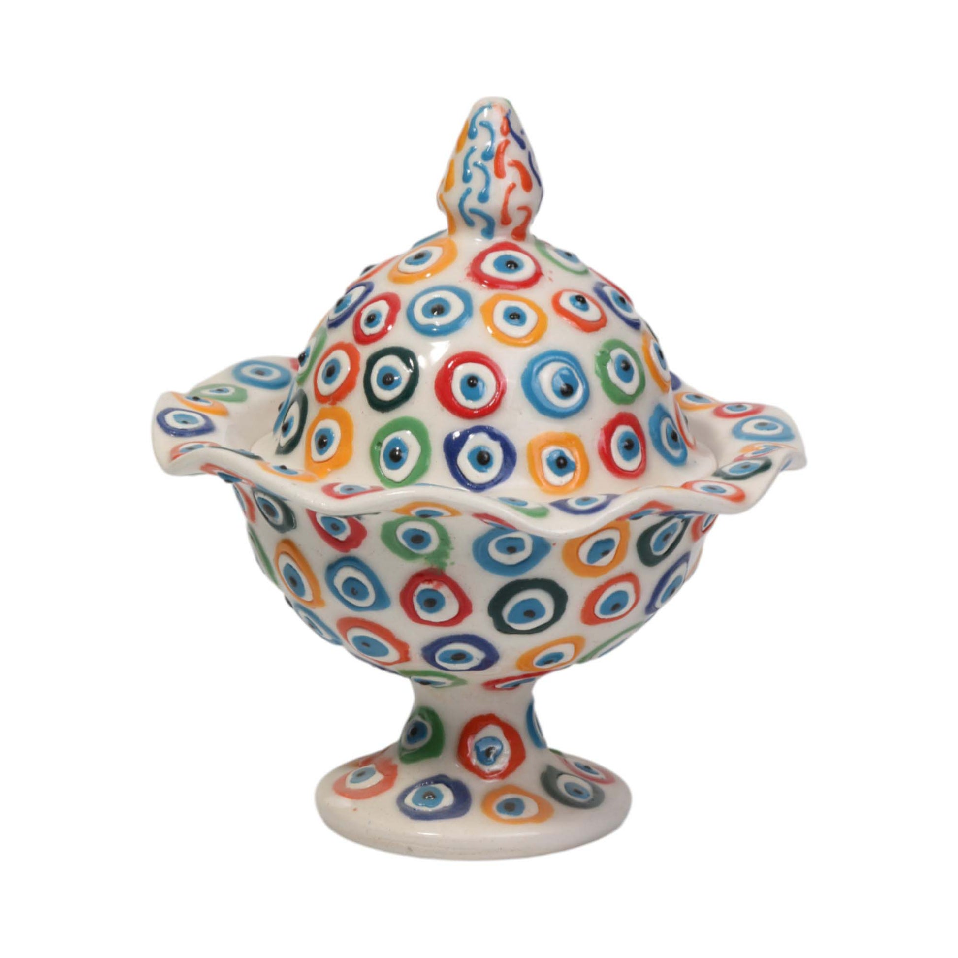 Ceramic footed sugar bowl with colorful circular patterns on a white background