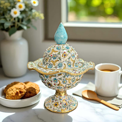 Decorative sugar bowl with floral patterns on a table with cookies and a cup of coffee.
