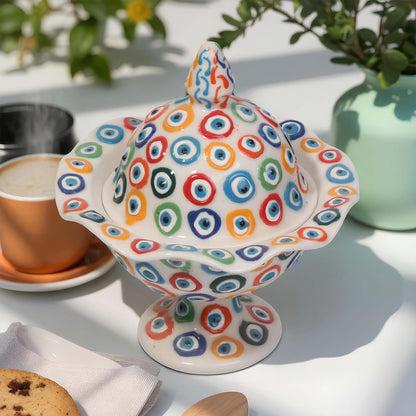 Colorful ceramic sugar bowl with a pattern on a table with a cup of coffee and cookies.