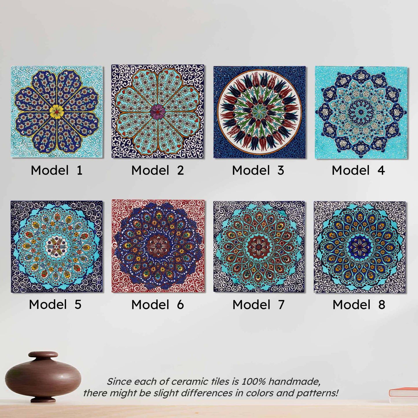 Set of eight colorful ceramic tiles with mandala designs on a white background.