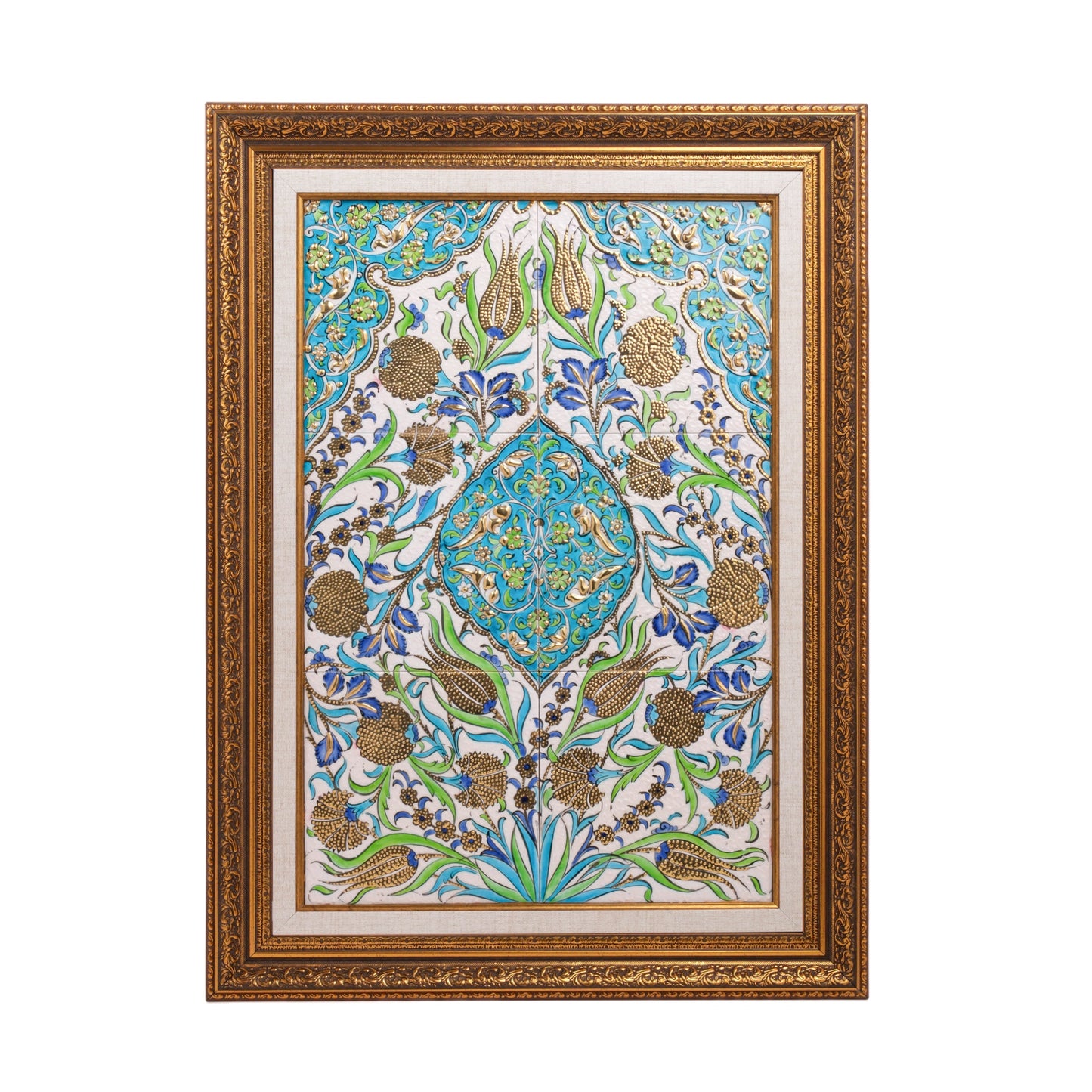 A framed ceramic tile with a traditional Ottoman floral motif in turquoise, gold, and green colors, displayed against a white background.