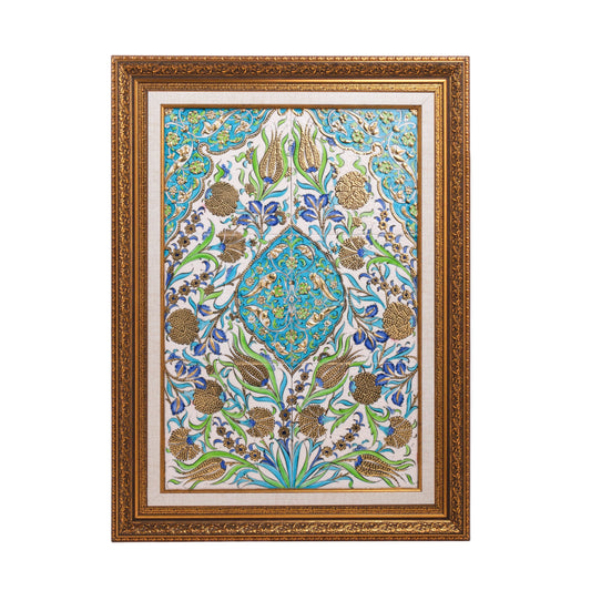 A framed ceramic tile with a traditional Ottoman floral motif in turquoise, gold, and green colors, displayed against a white background.