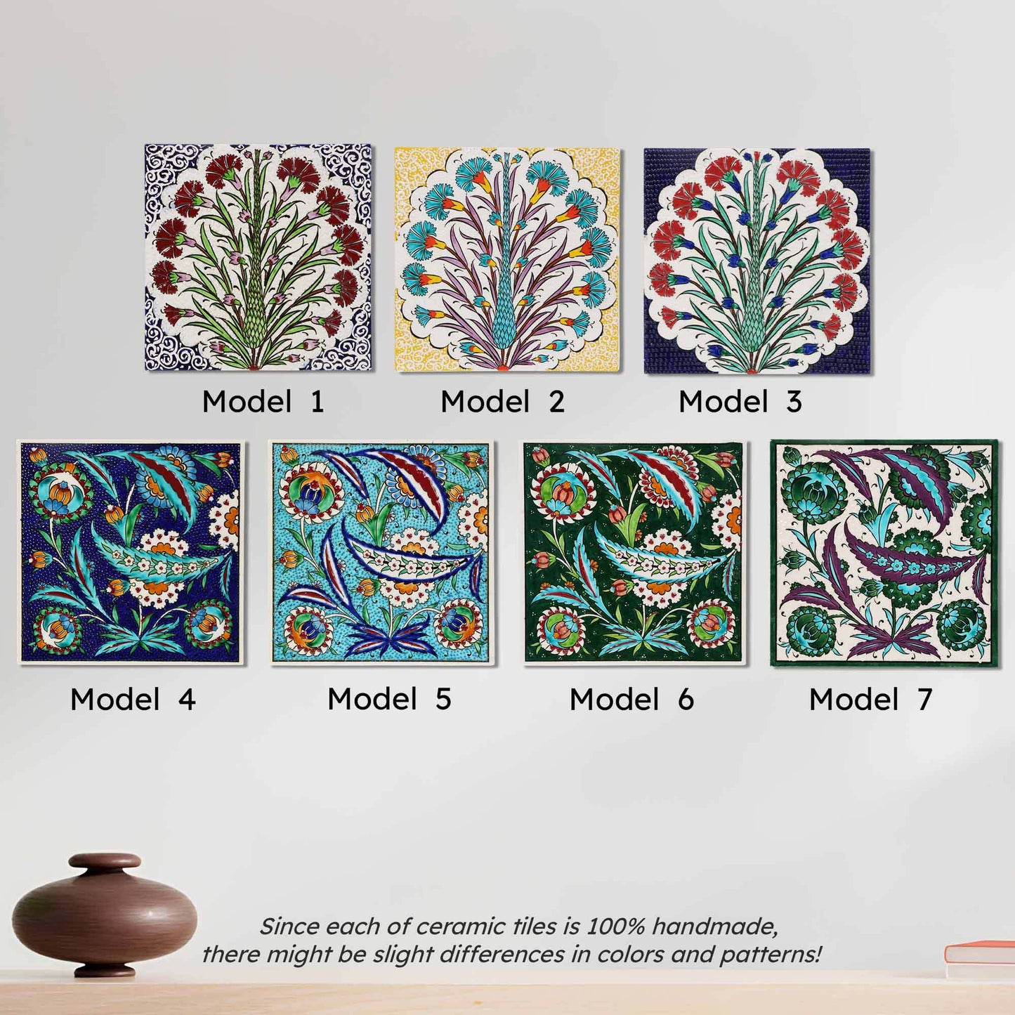 Set of seven colorful ceramic tiles with floral designs on a white background.