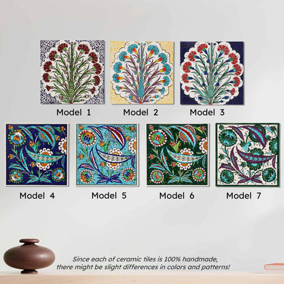 Set of seven colorful ceramic tiles with floral designs on a white background.
