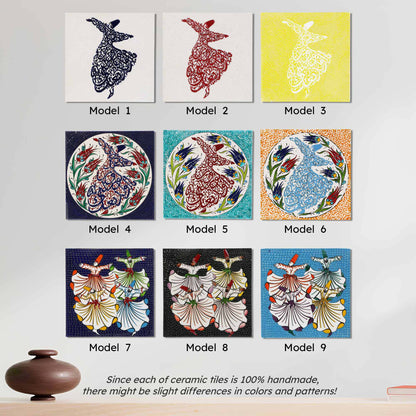 Nine decorative wall tiles with various artistic designs on a white background