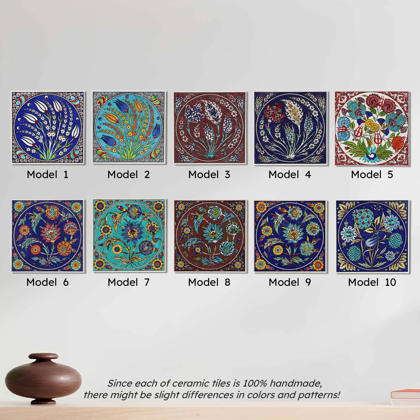 Collection of ceramic tiles with floral designs on a white background