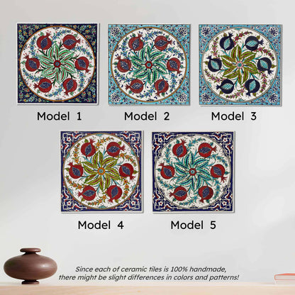 Five ceramic tiles with floral designs on a white background, labeled Model 1 to Model 5.