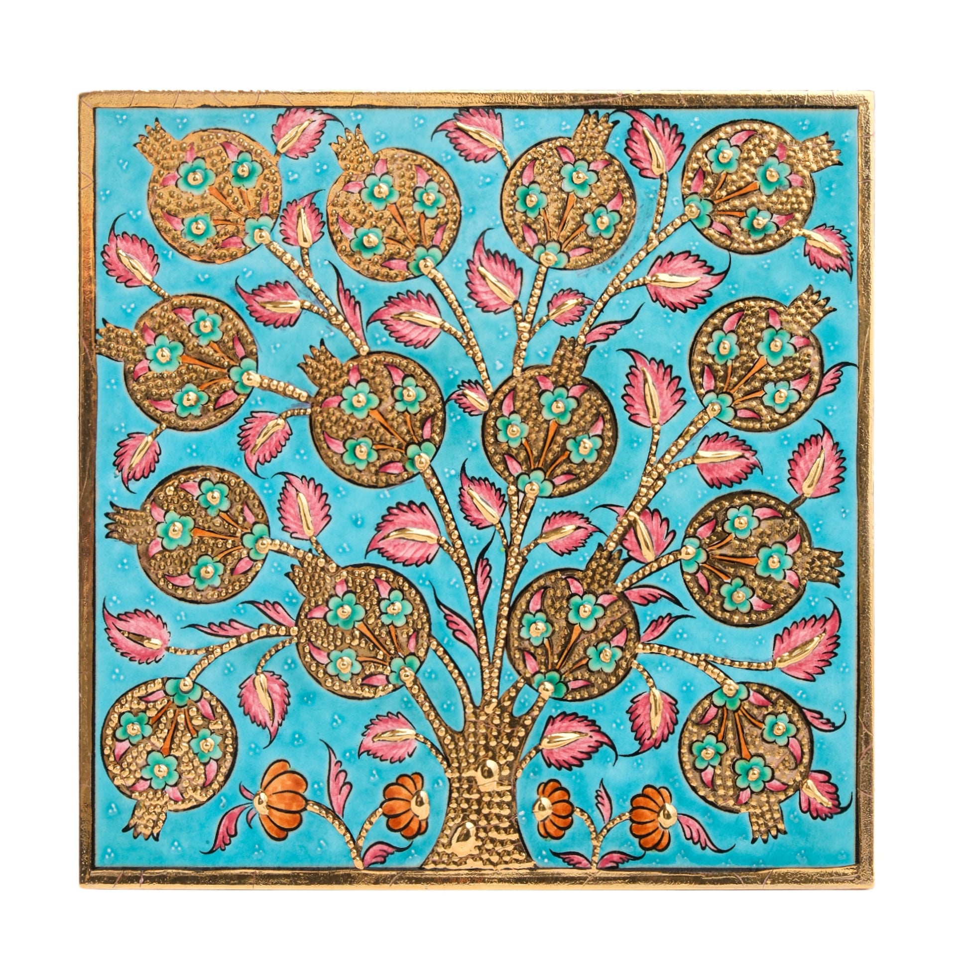 A handmade ceramic tile with a turquoise background featuring a hand-painted tree adorned with golden pomegranates, pink leaves, and turquoise blossoms.