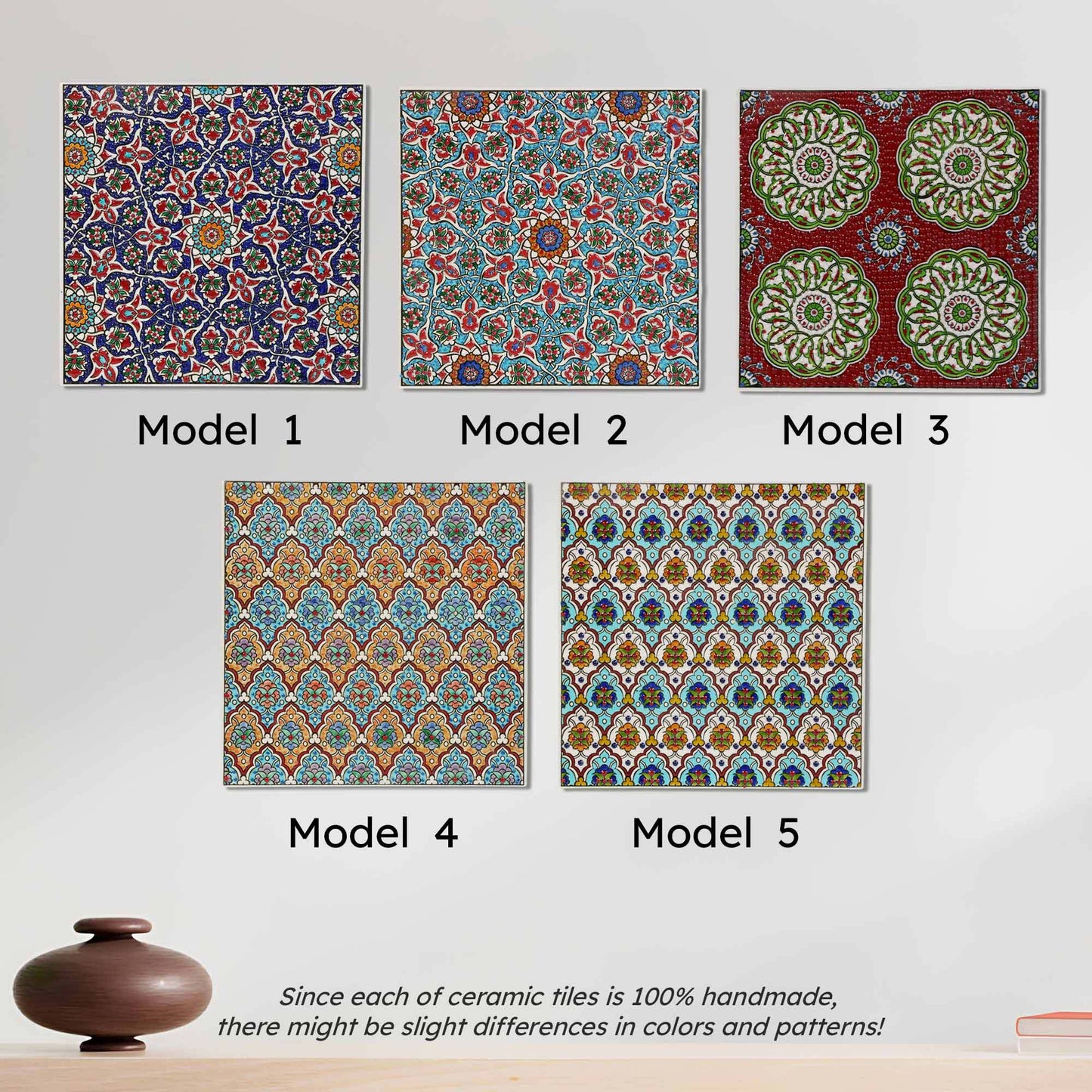Five different models of ceramic tiles with various patterns on a white background.