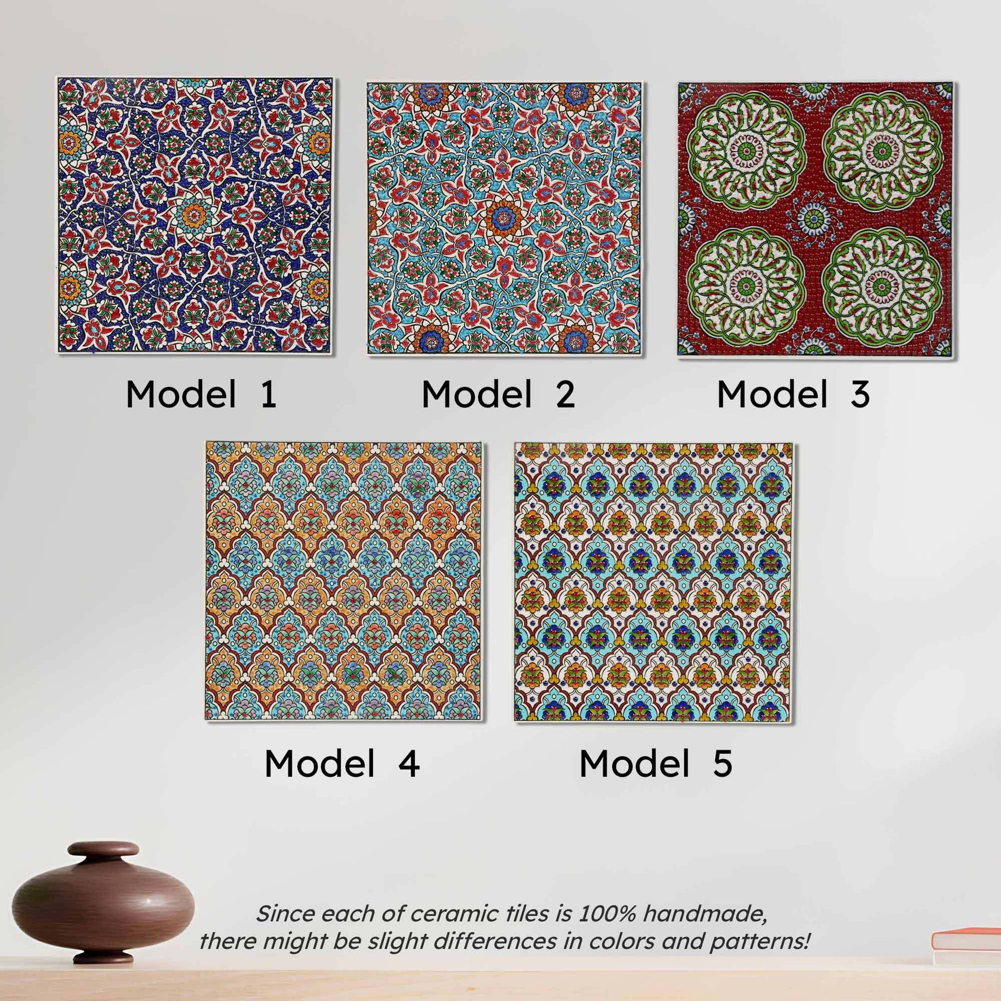 Five different models of ceramic tiles with various patterns on a white background.