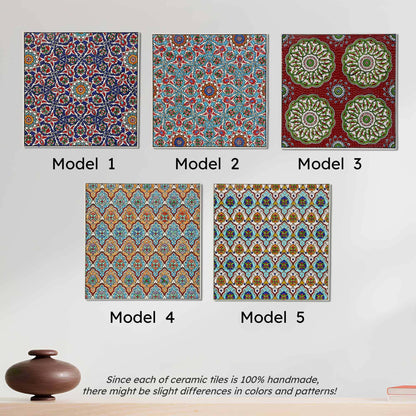 Five different models of ceramic tiles with various patterns on a white background.