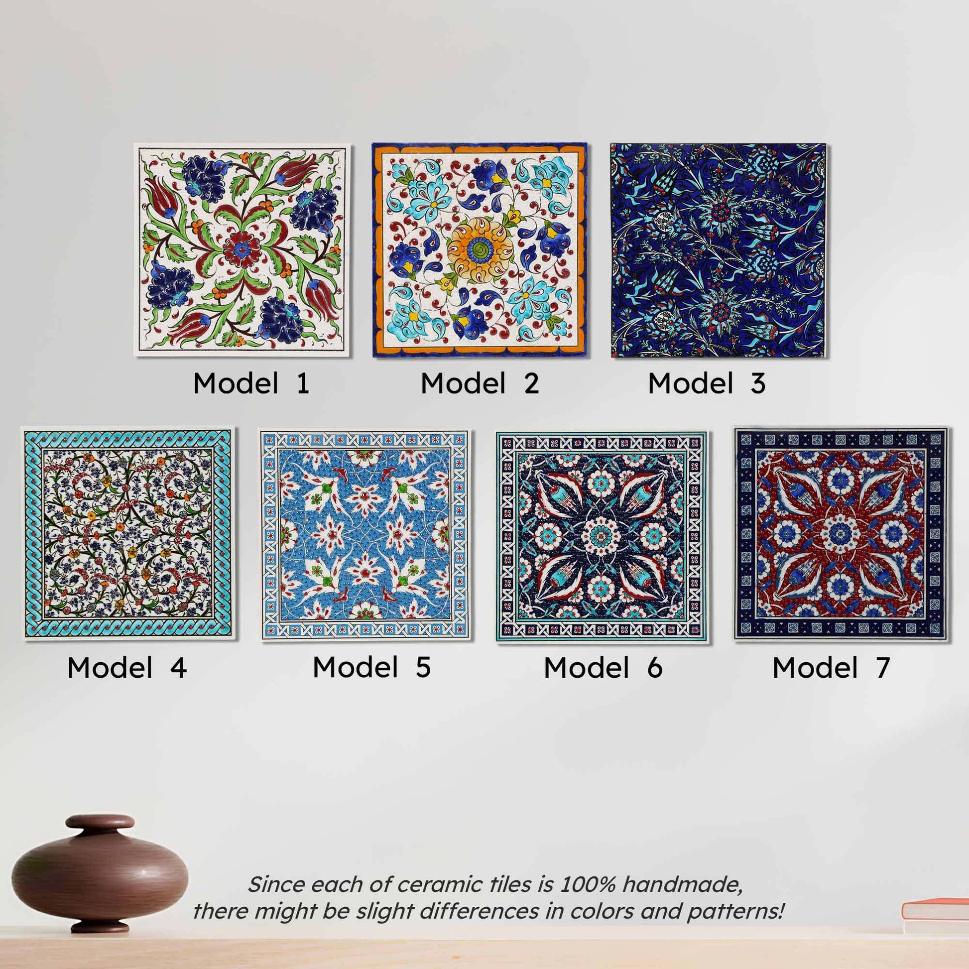 Seven different models of ceramic tiles with floral patterns on a white background.