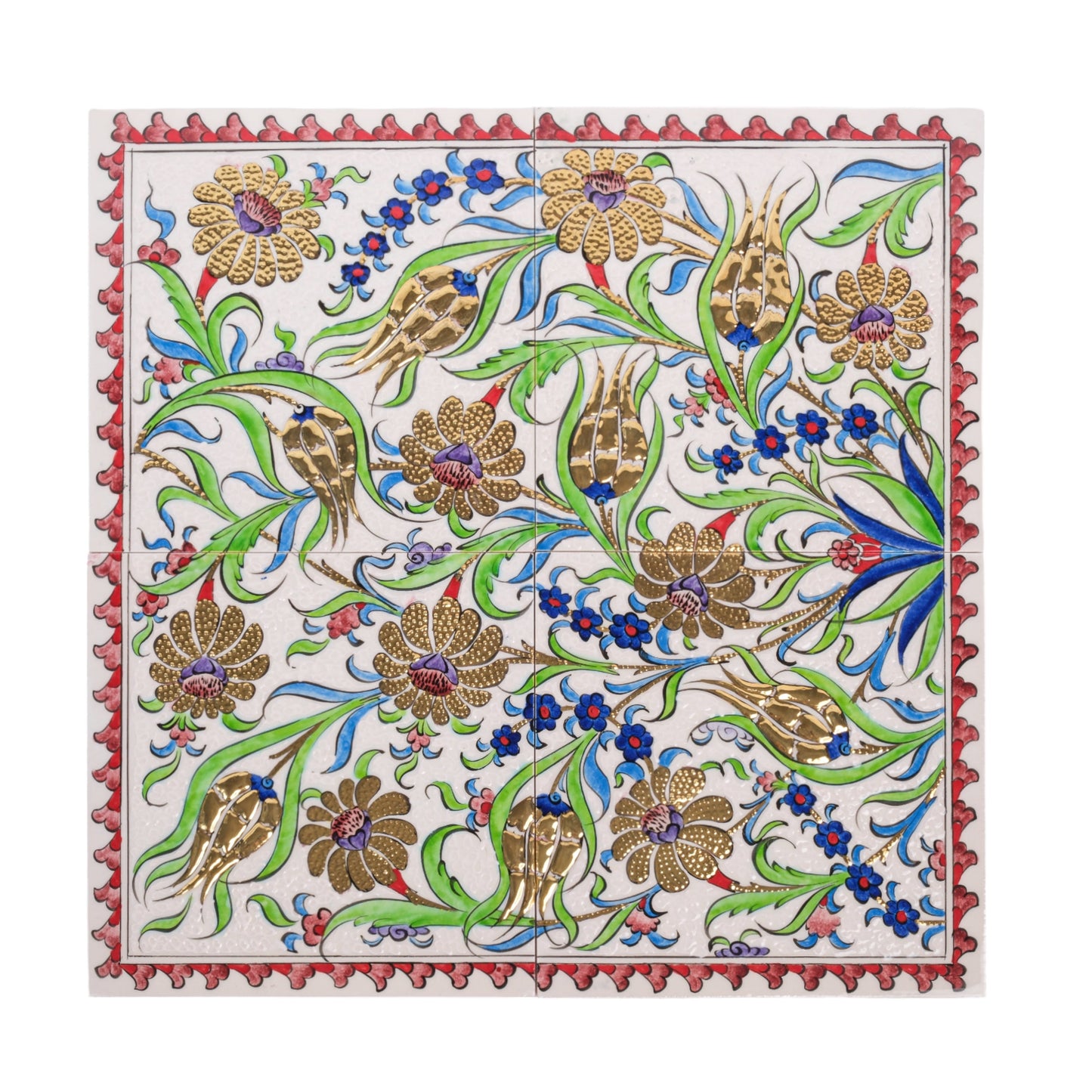 A handmade ceramic tile with a classical Ottoman floral pattern featuring gold-accented flowers, surrounded by a decorative border.