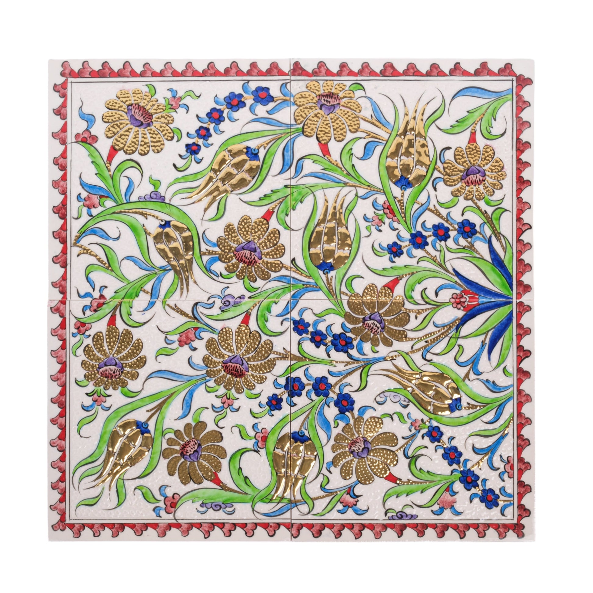 A handmade ceramic tile with a classical Ottoman floral pattern featuring gold-accented flowers, surrounded by a decorative border.