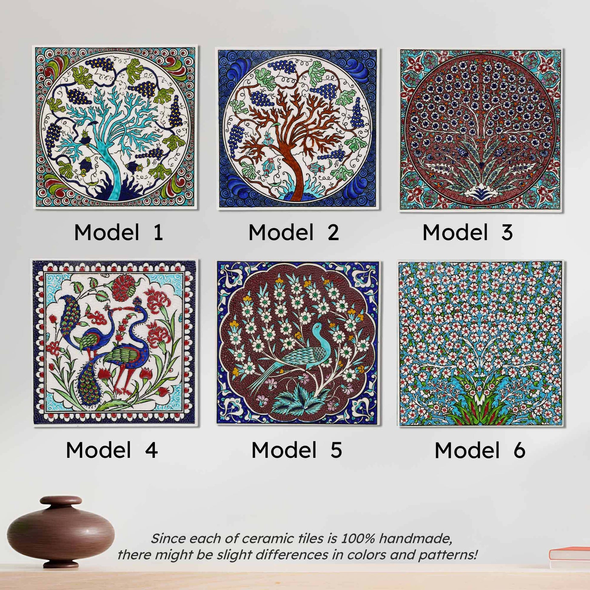Six different models of ceramic tiles with intricate designs on a light gray background.