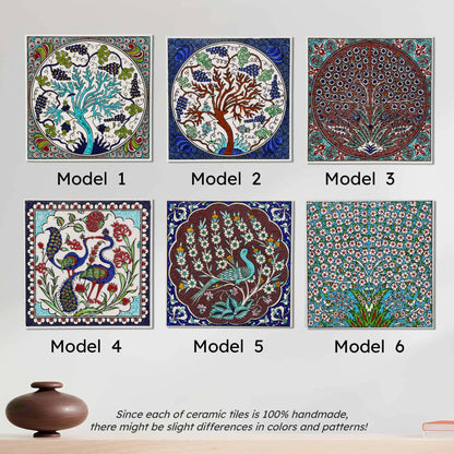 Six different models of ceramic tiles with intricate designs on a light gray background.