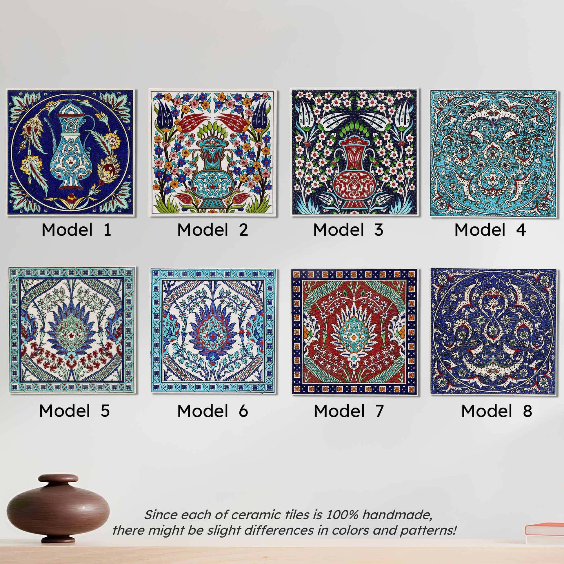 Set of eight ceramic tiles with various intricate designs on a white background.
