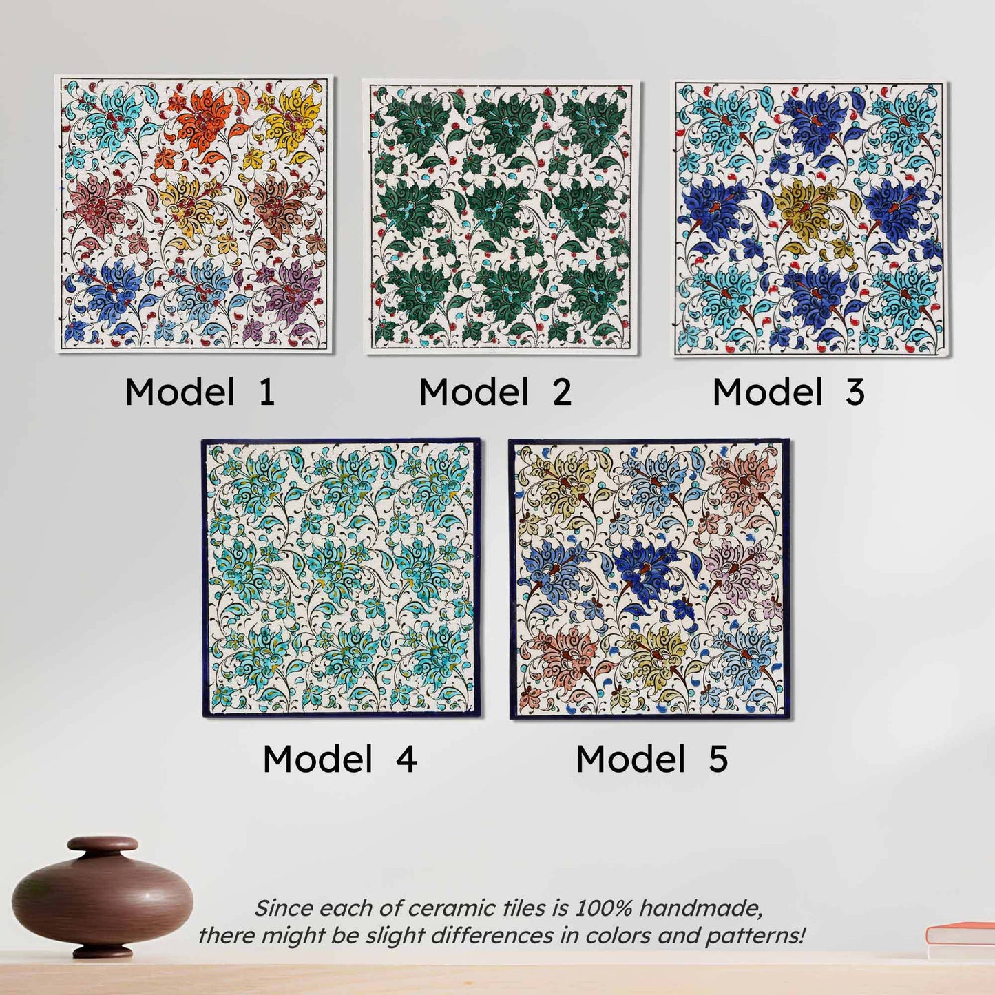 Five floral ceramic tile models with a small brown pot on a light gray background.
