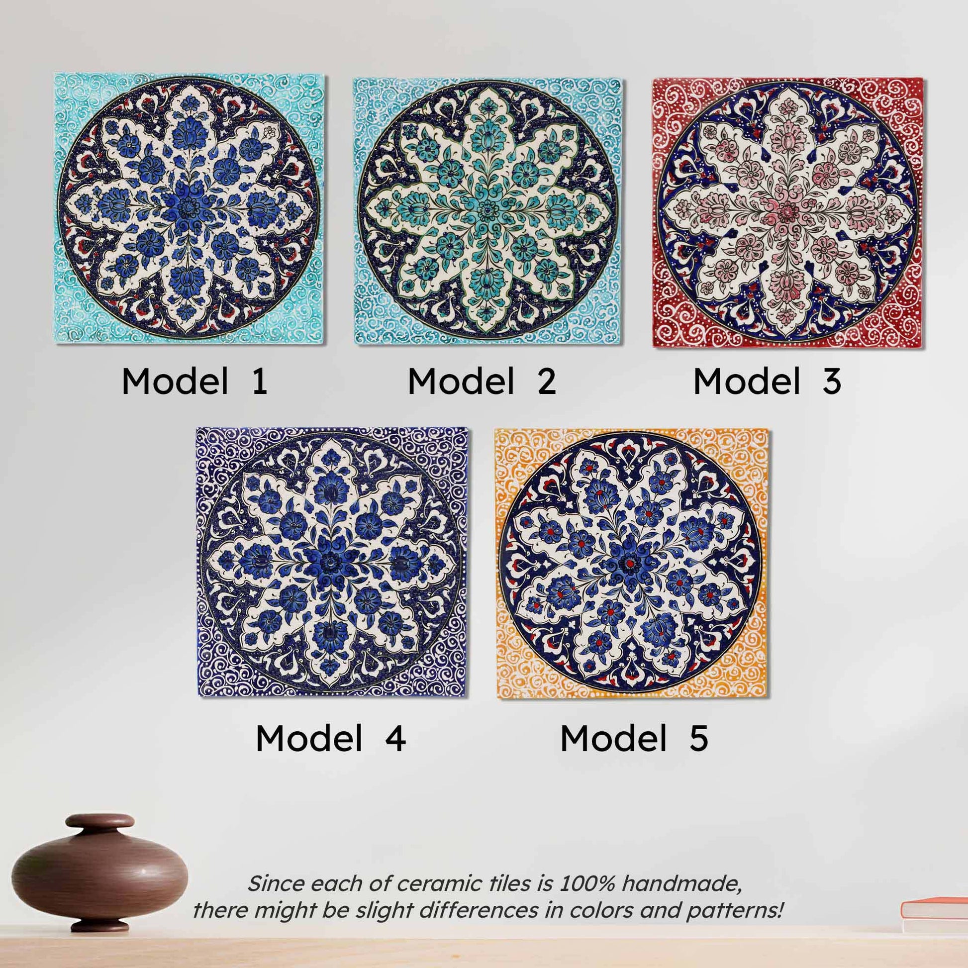 Five ceramic tiles with intricate designs on a white background