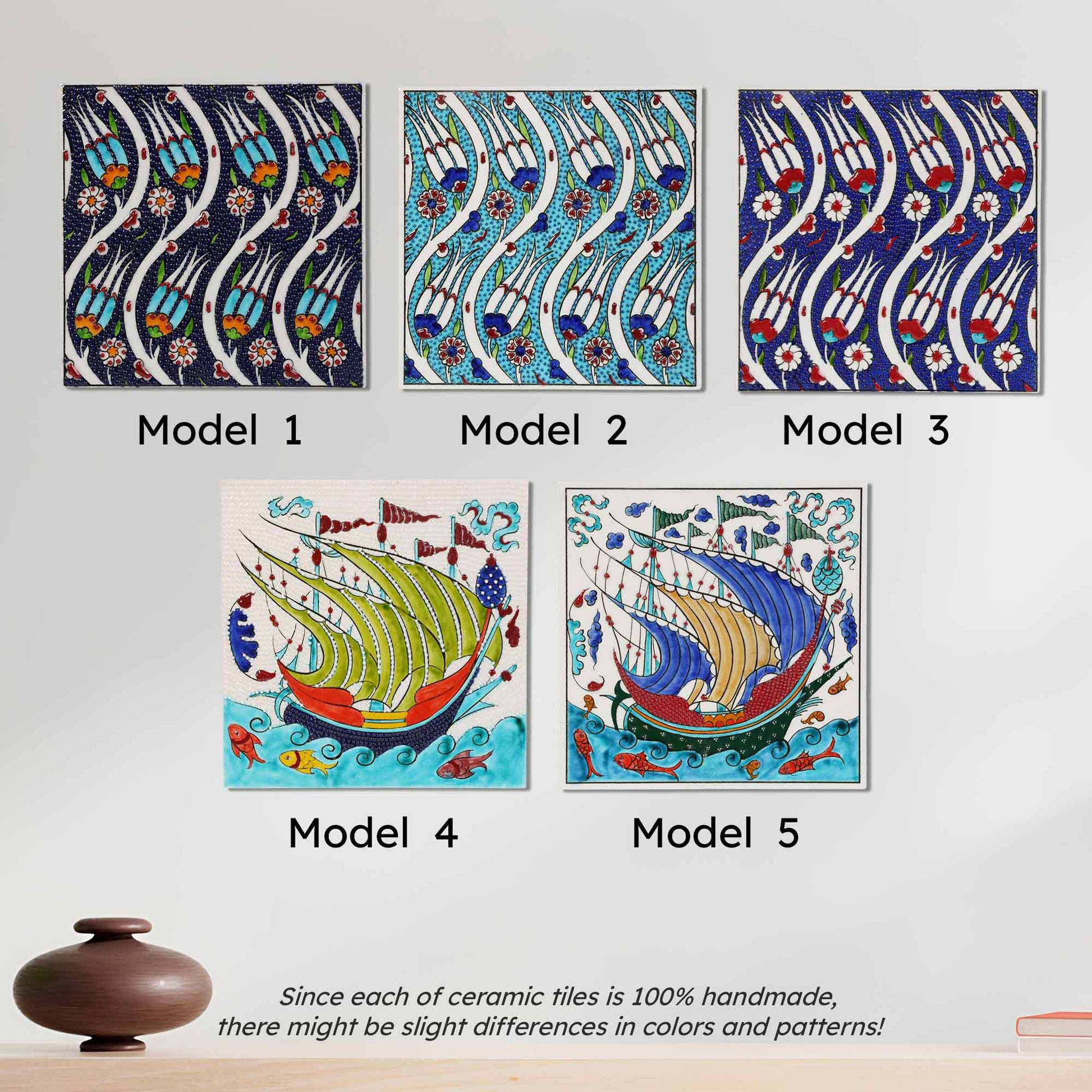 Five ceramic tile models with colorful designs on a light gray background.