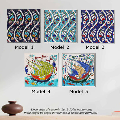 Five ceramic tile models with colorful designs on a light gray background.