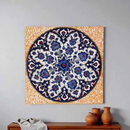 Decorative ceramic tile with floral pattern on a plain wall
