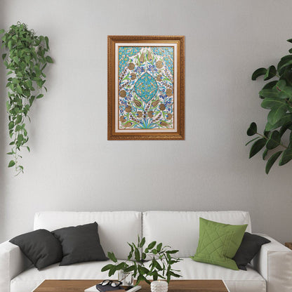 Decorative ceramic tile above a white sofa with green and black cushions.