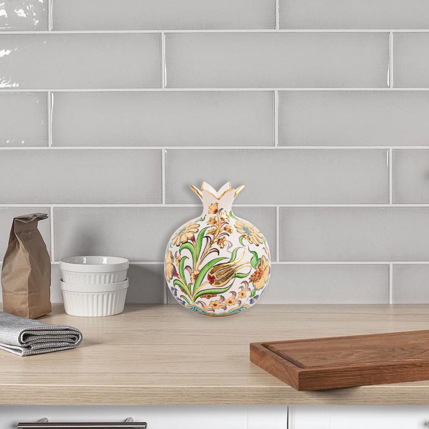 Handmade Ceramic Pomegranate Vase, Golden Vase Home Decor