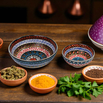 Decorative ceramic bowls with spices and herbs on a wooden surface
