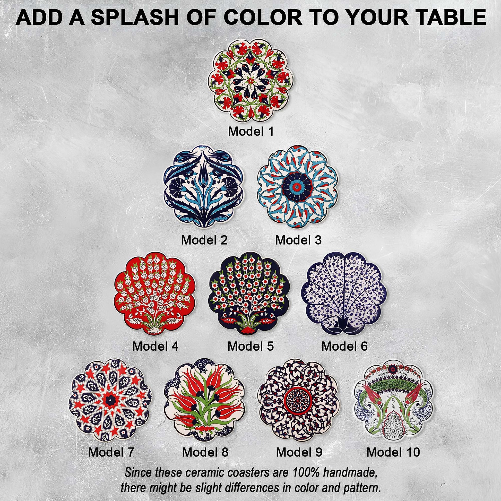Set of 10 ceramic coasters with various designs on a gray background
