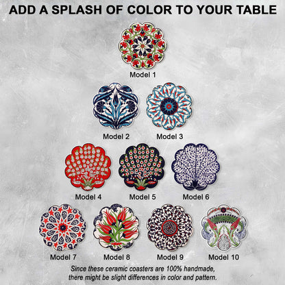 Set of 10 ceramic coasters with various designs on a gray background