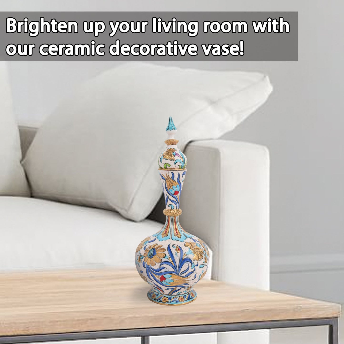 Handmade Ceramic Decorative Vase, Turquoise Floral Ceramic Vase, Golden Vase