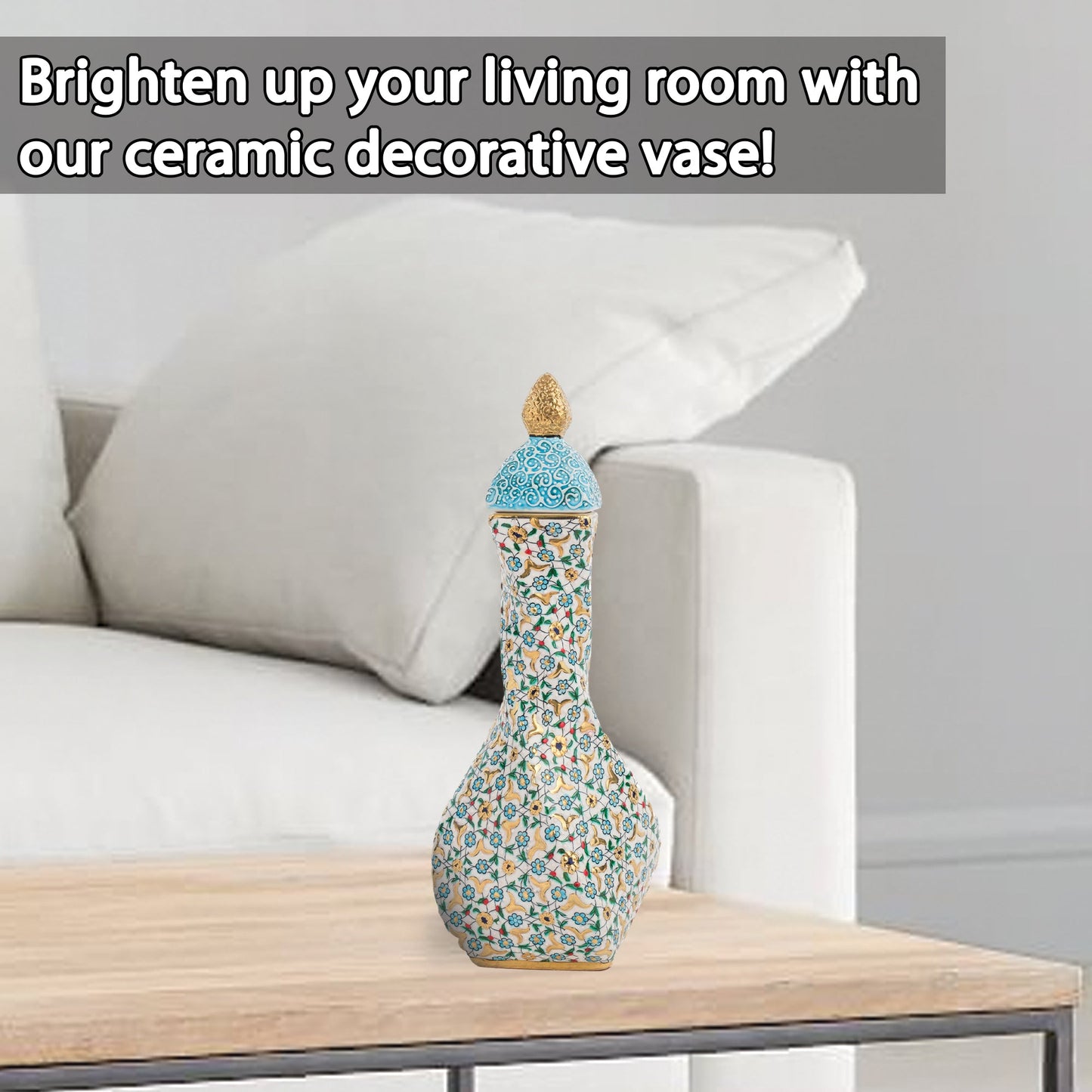 Handmade Ceramic Decorative Vase, Regal Floral Ceramic Vase, Golden Vase