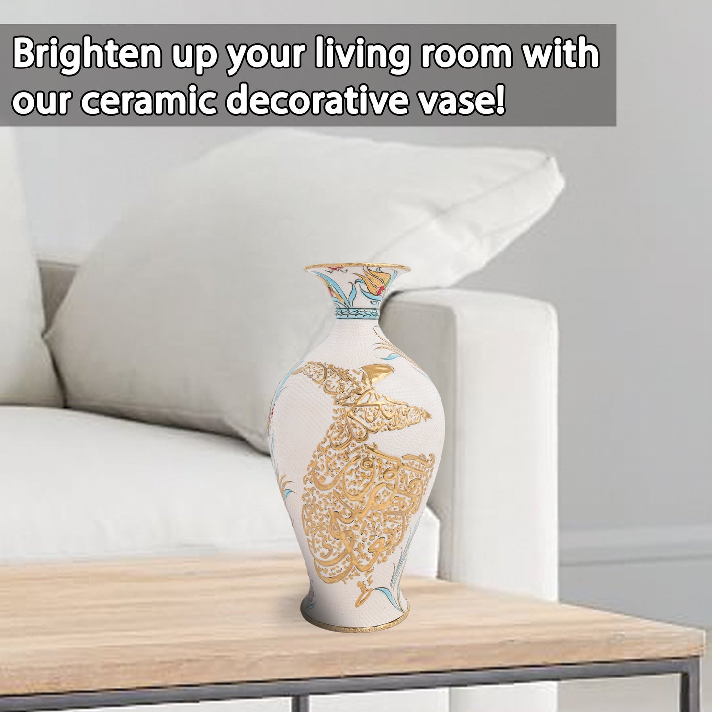 Handmade Ceramic Decorative Vase, Dervish Calligraphy Ceramic Vase, Golden Vase