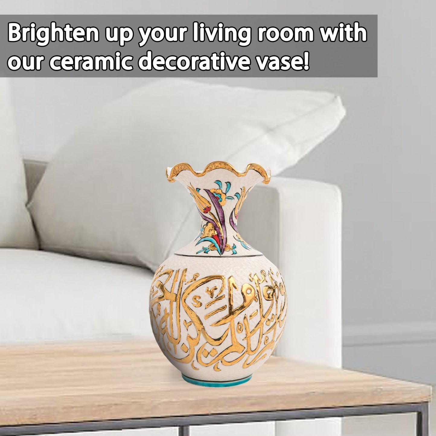 Handmade Ceramic Decorative Vase, Gold Calligraphy Ceramic Vase, Golden Vase